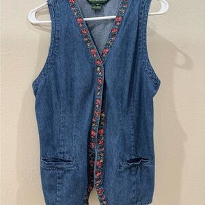 Vintage Floral Embroidered Denim Vest with adjustable Back Belt Size M